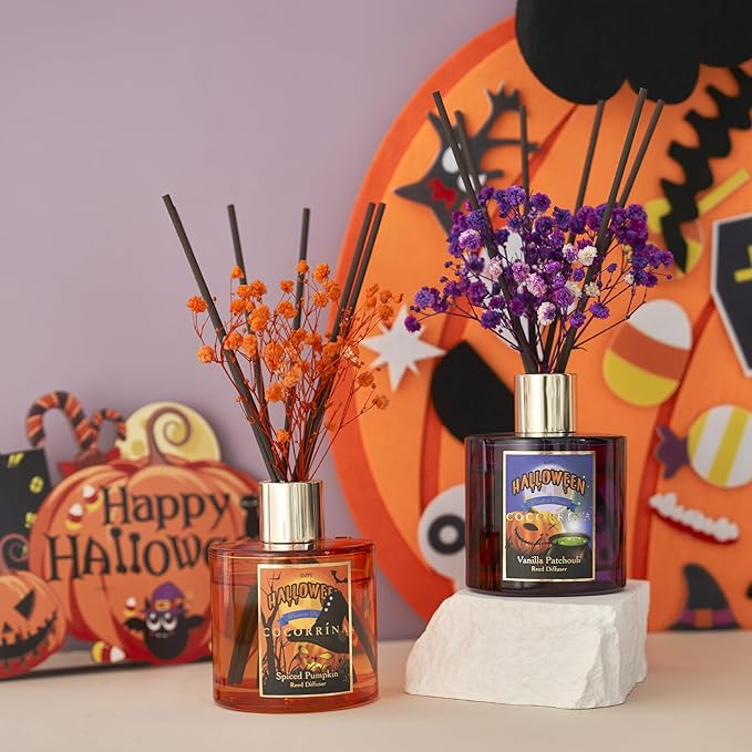 COCORRÍNA Reed Diffuser - Vanilla Patchouli 6.76oz Scented Diffuser with 8 Sticks Home Fragrance Bathroom Shelf Decor (Halloween Collection)