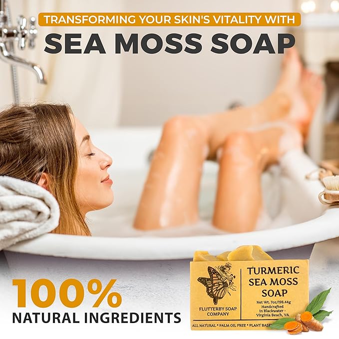 Handmade All Natural Sea Moss Soap - Organic Turmeric Sea Moss Soap Bar - 7oz Large Sea Moss Soap - Plant Based Sea Moss Soap for Face - Sea Moss Soap for Varicose Veins