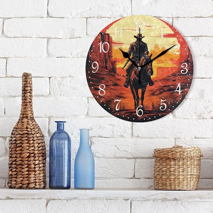 ALAZA Wall Clock Sunset Cowboy Silent Non-Ticking Decorative Wall Clocks Battery Operated 10 Inch for Home Living Room Kitchen Bathroom Bedroom