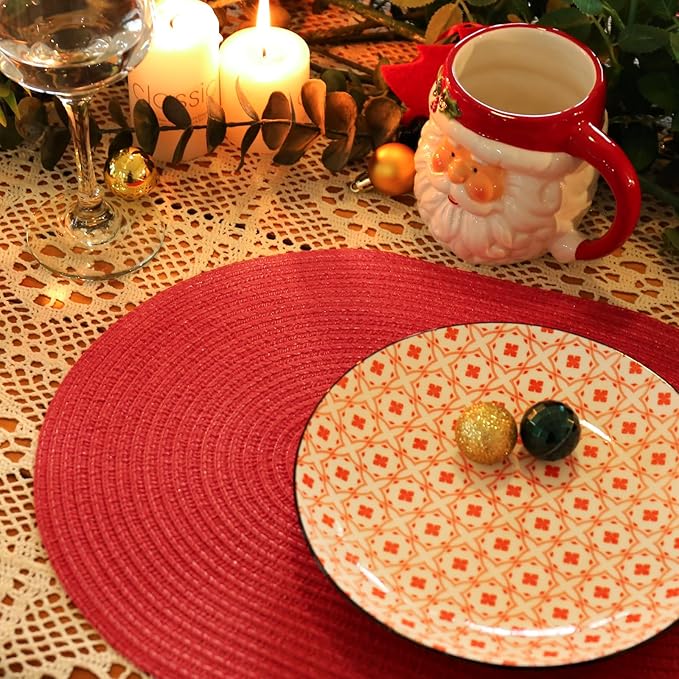 Noctiflorous Oval Braided Placemats Set of 6 Woven 12x18 Inch Non Slip Washable Heat Resistant Place Mats Round Tablemats for Dining Kitchen Party Daily Table Decor Dinner Mats (09 Red, 6)