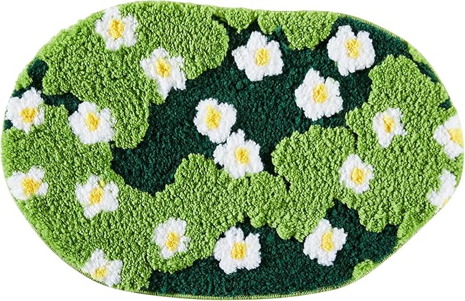 Cute Green Floral Bath Mat Microfiber Moss Bathroom Rug 20''W x 32''L Non Slip Washable, Modern Chic Boho Aesthetic Trendy Shaggy Bathroom Shower Floor Mat Absorbent