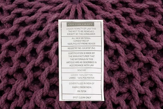 COTTON CRAFT Round Pouf - Hand Knitted Cotton Braid Cord Cable Dori Ottoman - Foot Stool - Floor Pouf Footrest Accent Seat Furniture Bean Bag - Living Room Kids Room Nursery Dorm Décor - 20x14 - Plum