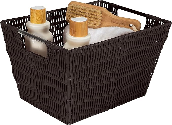 Simplify 12"x10"x8" Medium Woven Basket for Storage with Handles, Nursery, Playroom, Toys, Bedroom, Closet, Clothes, Office, Decorative Organizer Rattan Totes, Chocolate