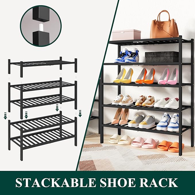 Smiry Shoe Rack, 5 Tier Thick Bamboo Shoe Organizer, Stackable Free Standing Wooden Shoe Storage Shelf for Closet, Entryway, Front Door Entrance, Black