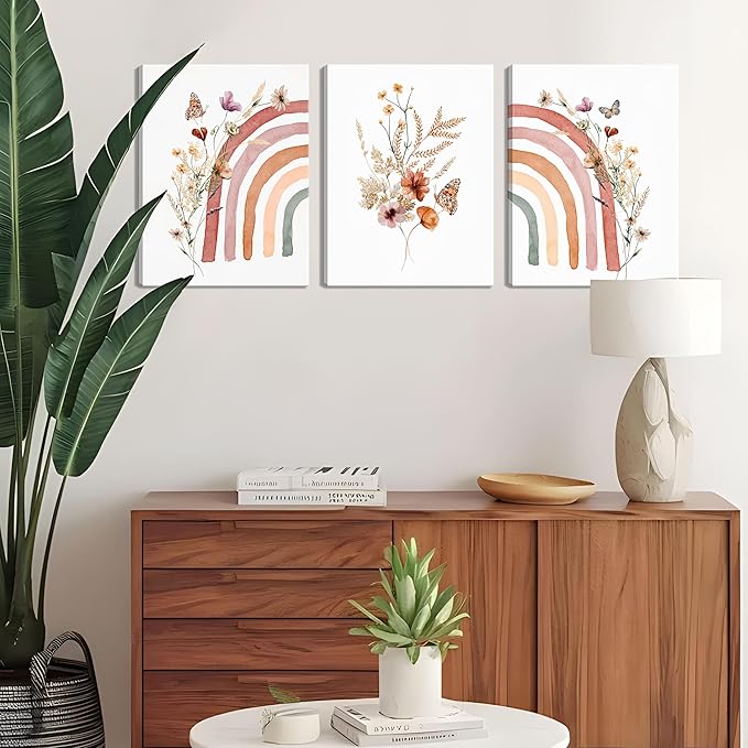AKWISH Boho Wall Decor Set of 3, Rainbow Canvas Wall Art Paintings Prints, Cute Boho Wildflowers Posters Nursery Wall Decor for Kids Room Baby Room Classroom Bedroom Decor 12x16 inch Framed