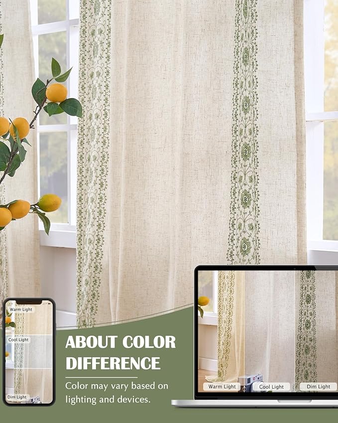 jinchan Boho Lined Linen Curtains for Bedroom Sage Green Vintage Floral Farmhouse Curtains 63 Inch Length Linen Blend Drapes for Living Room Embroidered Drapes Sage on Beige 2 Panels