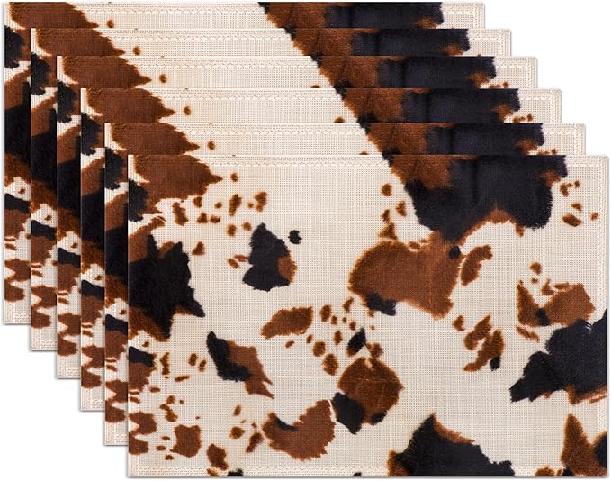 Cow Print Placemats Set of 6,Washable Heat Resistant 12×18 Inch Linen Table Mats Farmhouse Place Mats for Party Outdoor Dining Décor