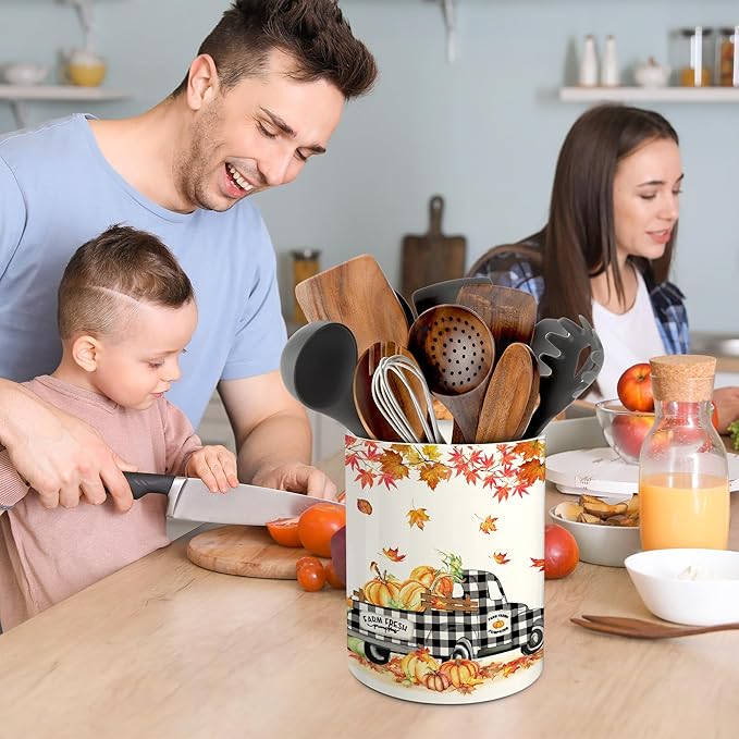 pinata Fall Kitchen Decor Ceramic Utensil Holder, Farmhouse Fall Truck Pumpkin Utensils Holder, Ceramic Utensils Crock for Rustic Indoor Kitchen Decorations(6.3 Inches)