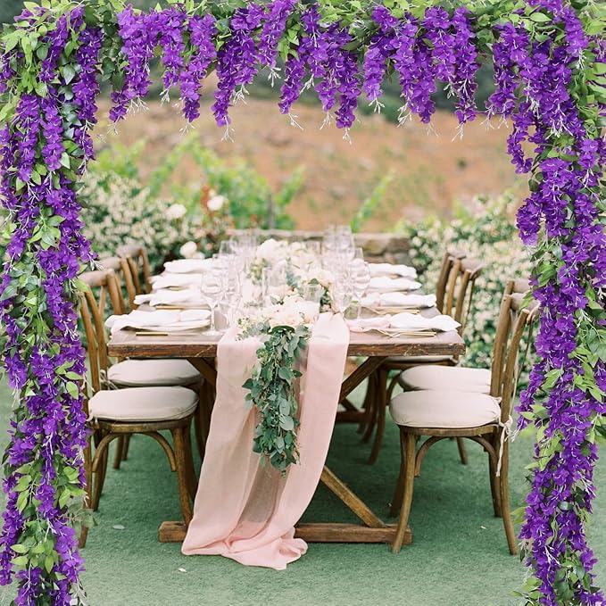 Wisteria Artificial Flowers Garland, 4Pcs Total 28.8ft Silk Faux Wisteria Vine Kit, Hanging Flower Plant for House Outdoor Garden Ceremony Outside Wedding Arch Floral Decor (4, Purple)