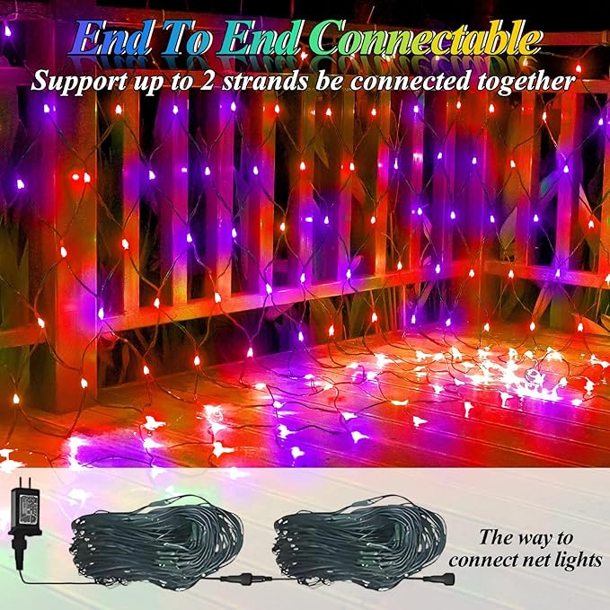 Hallloween Net Lights Outdoor, 360LED 21ft x 5ft Purple Orange Mesh Lights with 8 Modes & Timer, Connectable Waterproof Christmas Light for Bushes Xmas Tree Wedding Party Garden Lawn