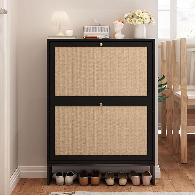 AVZEAR Narrow Shoe Cabinet with 2 Flip Drawer, Freestanding Shoe Organizer Shoe Cabinet Storage for Entryway, Slim Shoe Storage Shoe Rack for Closet with Linen Doors in Hallway, Living Room(Black)