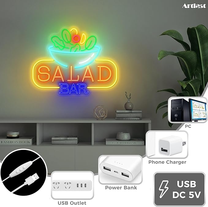Salad Bar Neon Sign for Wall Decor LED Salad Neon Lights for Home Bar Kitchen Restaurant Buffet Vegan Fresh Vegetables Cafe Party Decoration
