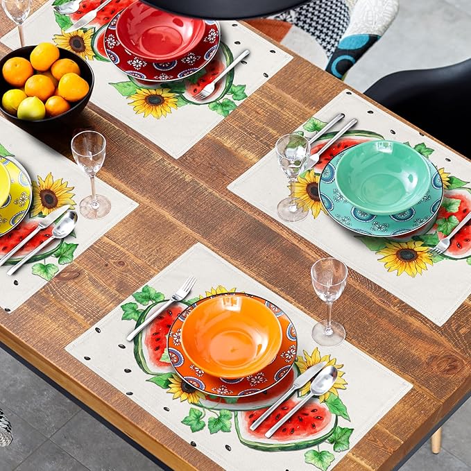 Summer Watermelon Gnomes Placemats Set of 4 12 x 18 Inch,Watercolor Red Watermelon Washable Kitchen Mats Seasonal Place Mat for Kitchen Dining Table Decor