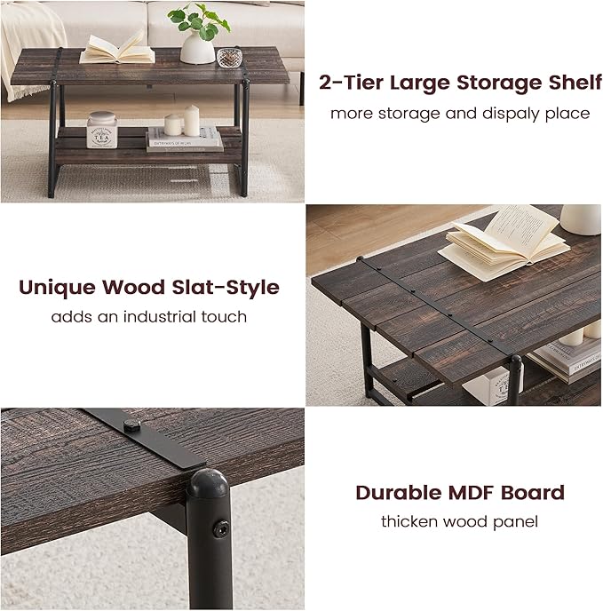 2-Tier Farmhouse 41'' Large Gray Wood Coffee Table with Storage Shelf -Modern Rustic Metal Rectangle Center Living Room Coffee Table Accent Furniture for Home Office,Easy Assembly(Dark Rustic Oak)