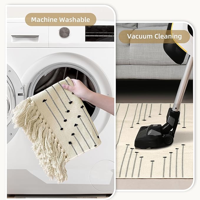 Tritard Boho Washable Area Rug 2x4.3 - Kitchen Bathroom Runner Rug with Tassels, Farmhouse Woven Cotton Entryway Throw Rugs Aztec Hallway Carpet Bath Mat for Bedroom, Laundry, Doorway, Beige Cream
