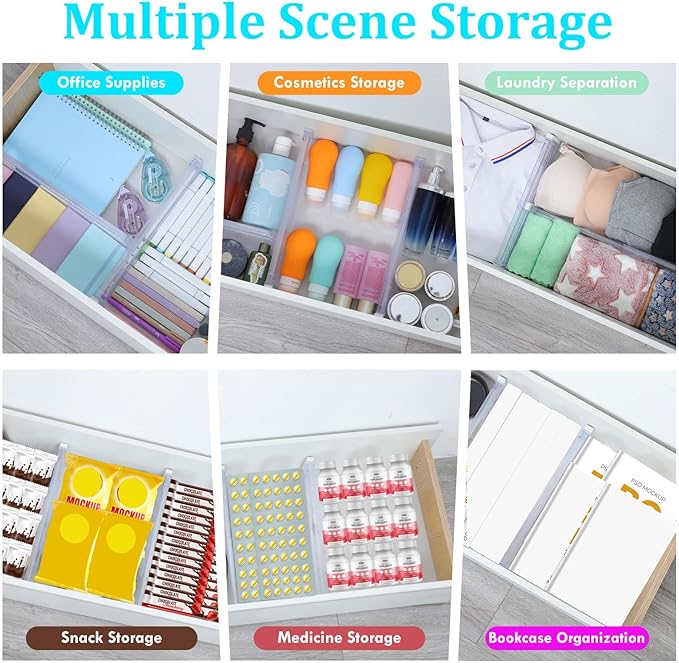 Drawer Dividers, 4 Pack Adjustable Drawer Organizers 3.2" High Expandable from 11.3-20" Clear Expandable Dresser Organizer for Clothes Kitchen Utensils Cutlery Drawer Organizers Set