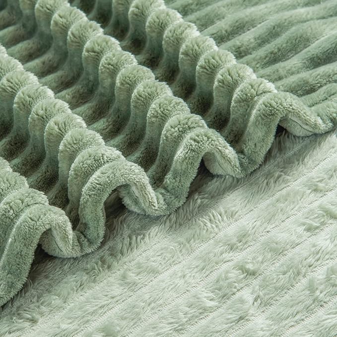 Bnuitland Sage Green Flannel Throw Blanket (90X108 inches) with Storage Pouch, 300GSM Super Soft Lightweight Cozy Fleece Stripe Pattern for Bed Sofa Home Decor, Suitable for Adults All Season