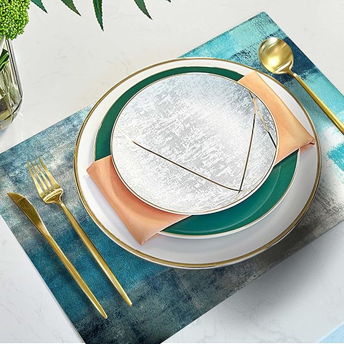 Mcalk Farmhouse Turquoise Table Runner and Placemats Set of 6 Pieces,Teal Turquoise Placemats Modern Art,Blue Grey Abstract Art Cloth Place Mats for Kitchen,Linen Material for Dining Table