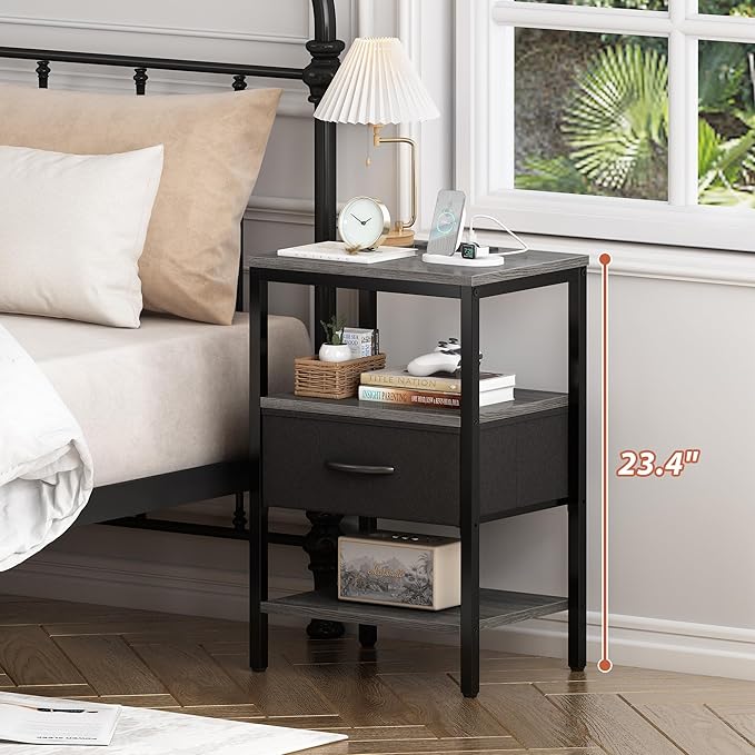 SUPERJARE Nightstand Set of 2, Bed Side Tables with Charging Station, Adjustable Fabric Drawer, Night Stand for Bedroom, 3-Tier Storage End Tables, for Living Room - Charcoal Gray 8030HC