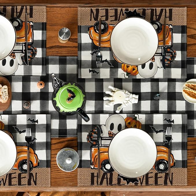 Artoid Mode Buffalo Plaid Bat Ghost Truck Spooky Halloween Placemats Set of 4, 12x18 Inch Seasonal Table Mats for Party Kitchen Dining Decoration