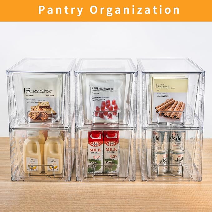 4Pack Large Stackable Kitchen Storage Drawers, Clear Foods Organizer Bins with Handles, Easily Assemble for Bathroom, Kitchen, Pantry, Cabinet, Closet(XL-Down Handle)