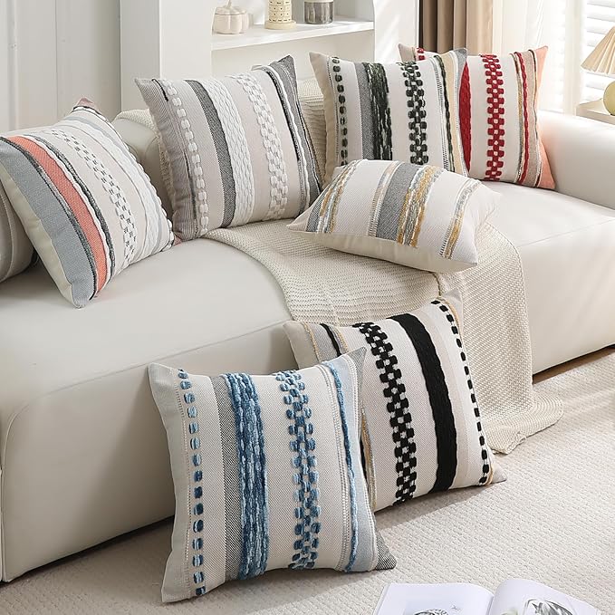 Boho Pillow Covers 18x18 Set of 2 for Couch-Modern Farmhouse Sofa Decorative Throw Pillow Covers Textured Chenille Cushion Covers Outdoor Netural Bohemian Pillow Cases Square