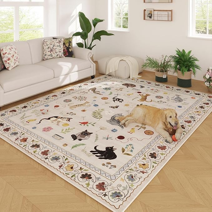 Living Room Rug 5x7 Rug Machine Washable Boho Area Rug Non Slip Floral Animal Cat Vintage Low Pile Large Rugs for Living Room Bedroom Farmhouse Dining Room Kids Playroom, Beige