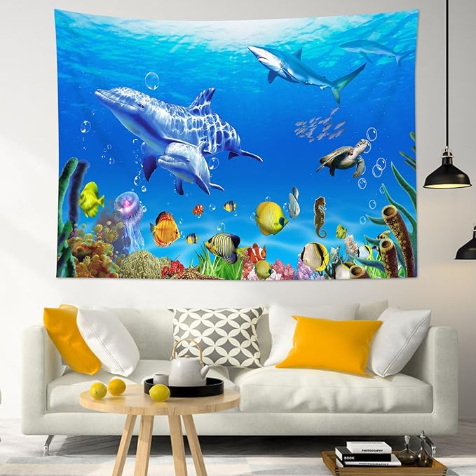 HVEST Blue Ocean Dolphin Tapestry Shark Sea Turtle and Tropical Fish Coral Wall Art Summer Nature Landscape Tapestry Wall Hanging for Kids Bedroom Living Room Dorm Party Wall Decor,92.5W X 70.9H inch