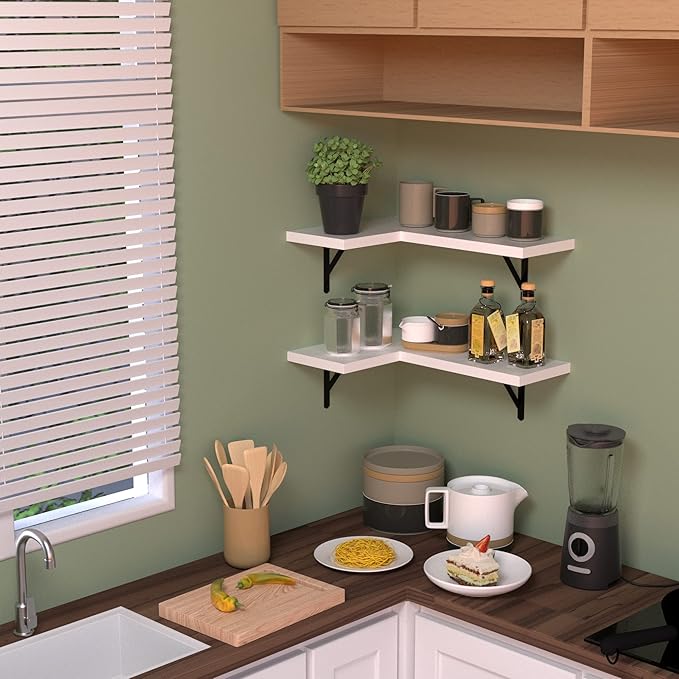 NATURE'S SOURCE Corner Floating Shelves Set of 4, Corner Shelves Wall Mounted, for Bedroom Kitchen Living Room Bathroom Office- Modern Style (White, Set of 4)