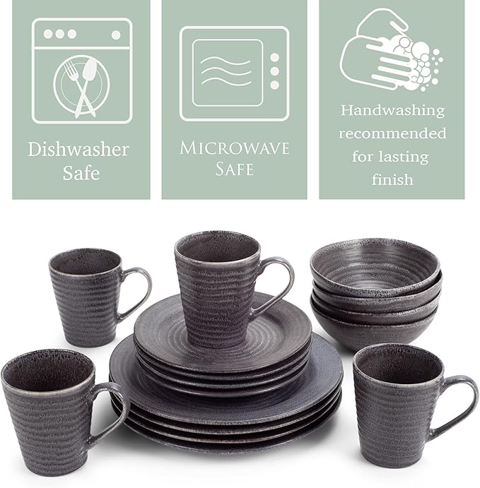 Elanze Designs Charming Chic Ribbed Modern Thrown Pottery Look Ceramic Stoneware Plate Platter Mug & Bowl Kitchen Dish Dinnerware 16 Piece Set - Service for 4, Charcoal Grey