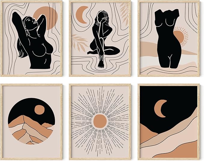 HAUS AND HUES Boho Neutral Wall Art - Set of 6 Boho Mid Century Modern Wall Art | Aesthetic Prints for Wall, Bohemian Wall Decor (Beige Frame, 16x20)