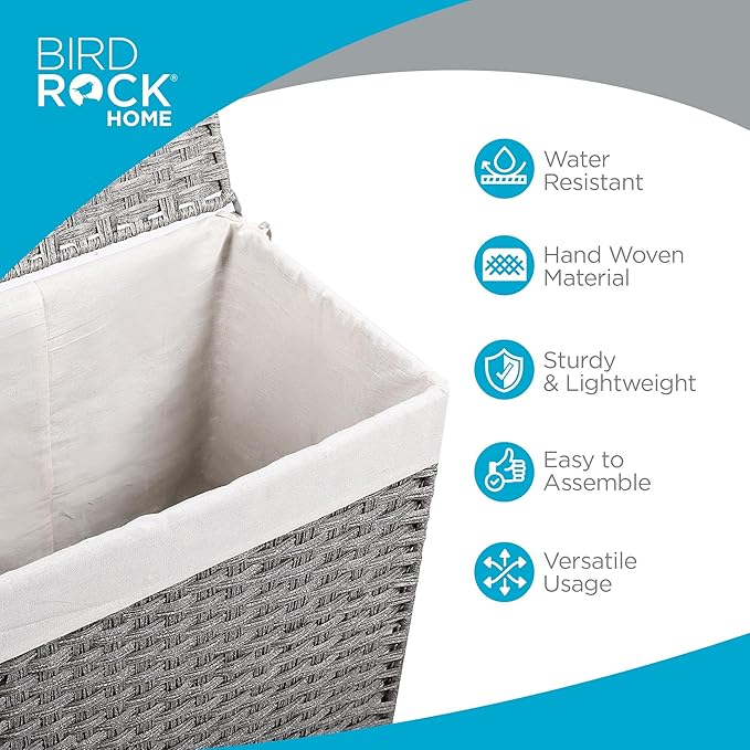 BIRDROCK HOME Laundry Hamper with Lid - Hand Woven PE Rattan Clothes Basket with Removable Liner Bag - Small Collapsible & Foldable Laundry Bin Organizer Storage for Bathroom, Bedroom - Single, Grey