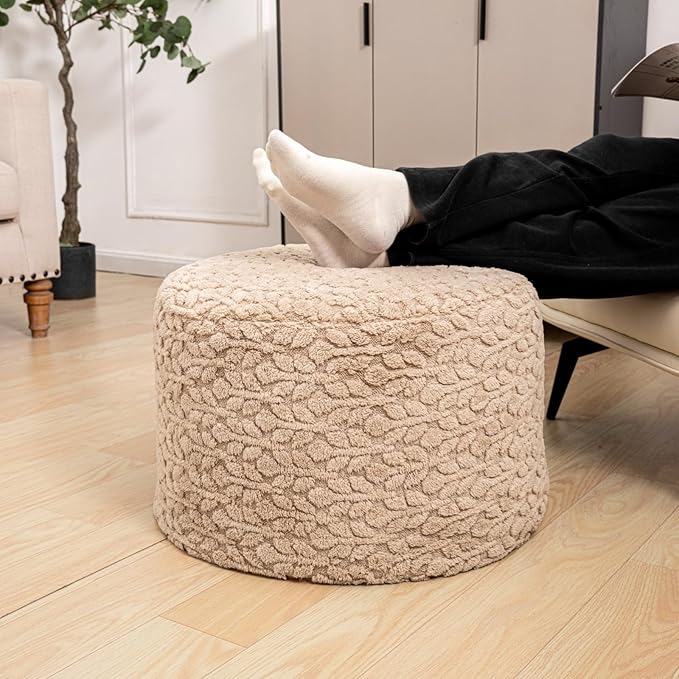 Round Pouf Ottoman Stuffed 20 x 20 x 14 Inches Boho Poof Foot Stool Home Decor Floor Pouffe Ottoman Foot Rest for Couch Sofa Bean Bag Chairs Living Room Bedroom (Light Coffee)