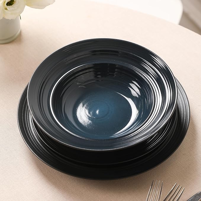 Earth & Clay Celeste 24-Piece Dinnerware Set Stoneware, Plates and Bowls Set, Includes Dinner and Salad Plates, Cereal Bowls, Dishwasher and Microwave Safe, Dishes for 8, Blue
