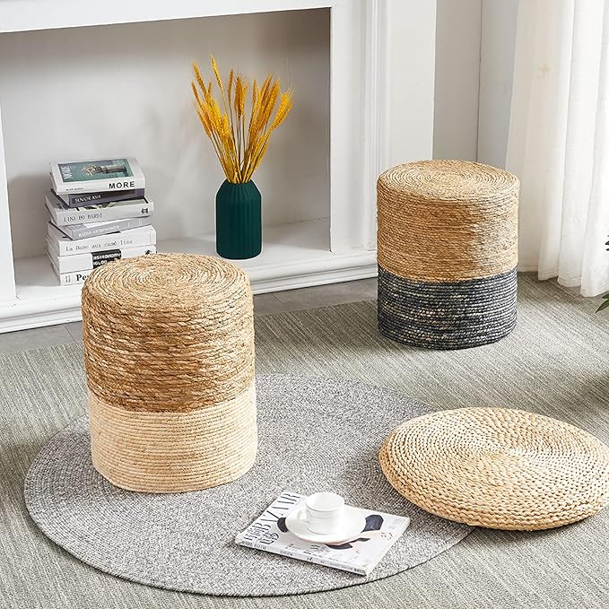 Cplxroc Pouf Ottoman, 100% Handwoven Seagrass Braided Pouffe, Boho Decor Floor Chair for Couch or Desk, Outdoor Ottomans for Garden, Round Footrest with Wood Frame, Home Decorative Seat for Balcony