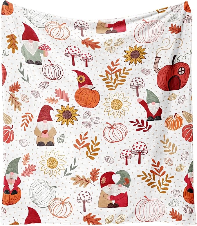 Fall Thanksgiving Throw Blankets,Autumn Gnome Pumpkin Maple Leaves Farmhouse Blanket Throw, Flannel Fleece Throw Blanket for Home Living Room Couch Bed Chair or Dorm Decor 60"x50"