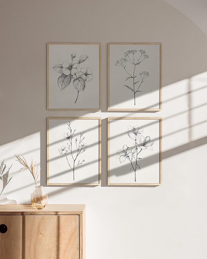 HAUS AND HUES Grey Floral Wall Art - Set of 4 Plant Posters for Wall Vintage, Botanical Prints, Black and White Flower Pictures for Room Aesthetic, Farmhouse Bathroom, Rustic Art (11x14, UNFRAMED)
