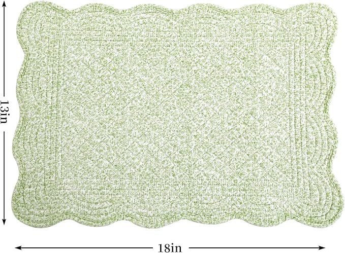 HOMBYS Quilted Placemats Set of 6 Washable-13x18 inches Rectangular Placemats for Kitchen Table-100% Cotton Fabric Rectangular Table Mats, (White with Light Green)