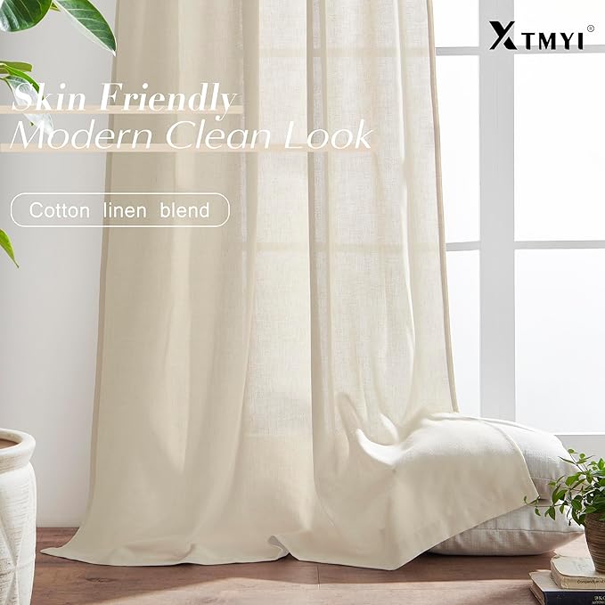 XTMYI Beige 100 Inches Long Country Curtains for Living Room,Sheer Linen Shabby Chic Curtains for Bedroom,50 Inches Wide