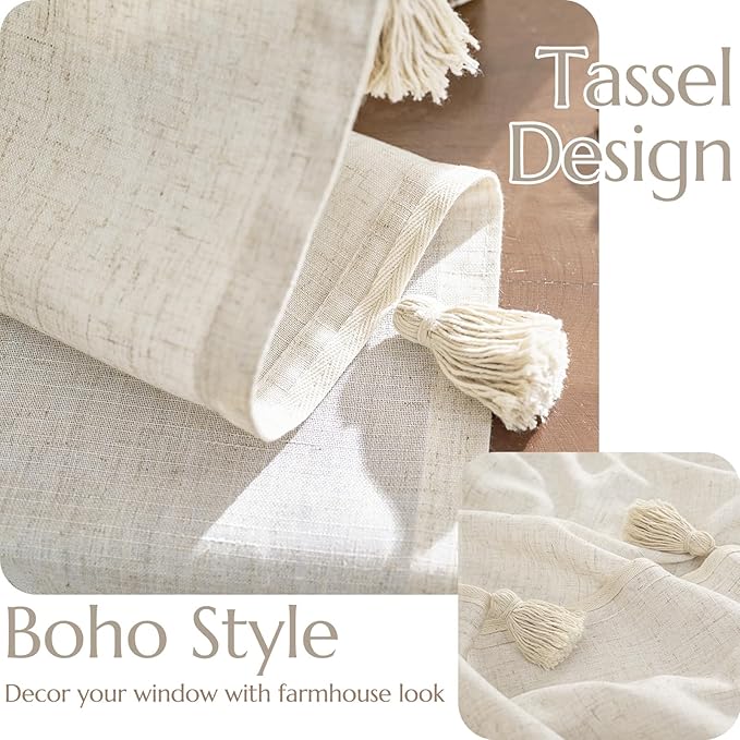 jinchan Boho Curtains 63 Inch Long 2 Panels, Linen Blend Farmhouse Drapes with Tassels for Bedroom, Light Filtering Cottage Core Curtians with Fringe, W50 x L63 with Rod Pocket Back Tab,(Ecru)