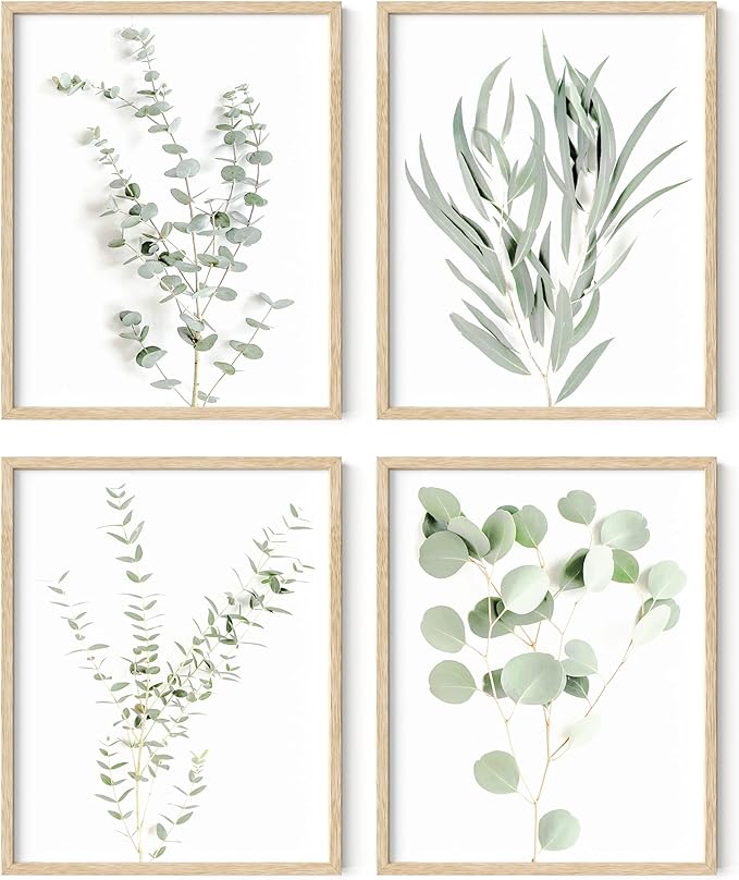 HAUS AND HUES Botanical Plant Wall Art Prints - Set of 4 Plant Wall Decor Prints, Floral Kitchen, Flower Leaves Wall Art, Boho Leaf Eucalyptus Wall Decor, Green Botanical Poster (Beige Frame, 16x20)
