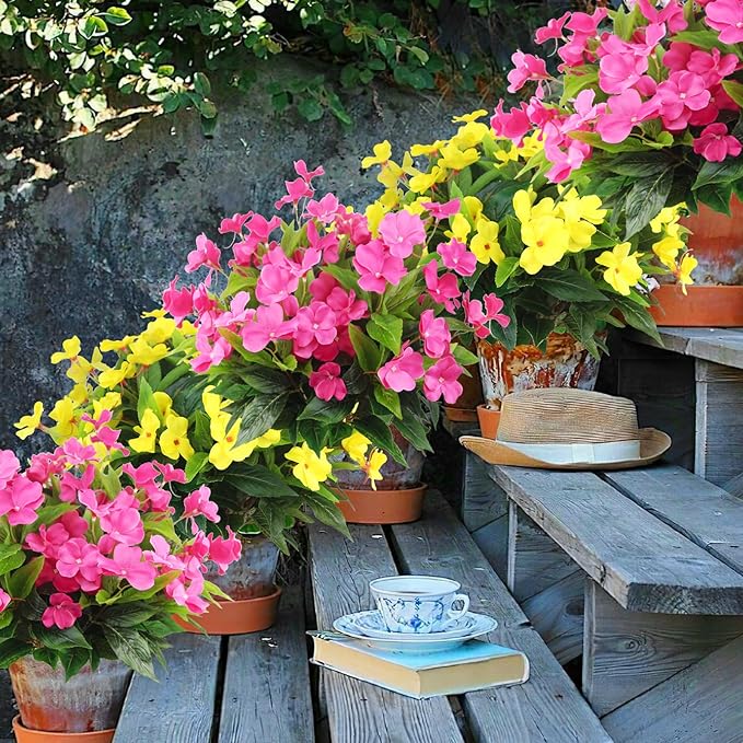 4 Pcs Artificial Flowers Outdoor Impatiens UV Resistant Silk Impatiens Flowers Rose Red Faux Flowers Impatiens Bushes Artificial Impatiens for Pot Patio Lawn Garden Hanging Basket Porch Decor