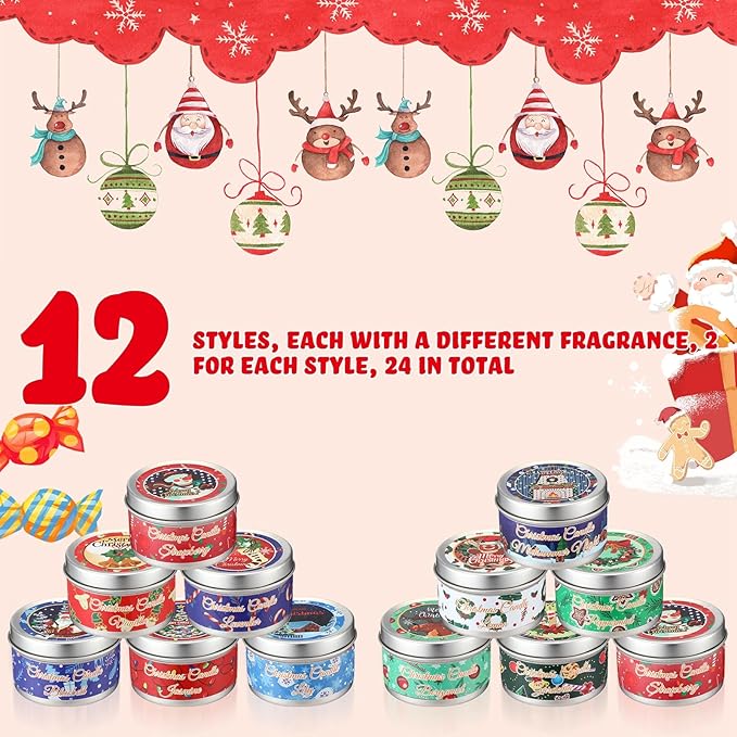 MTLEE 24 Pcs Christmas Candles Bulk 2 oz Scented Candles Gift Set with 12 Fragrances - Soy Wax Christmas Candle Tins for Women, Mom, Holiday Aromatherapy