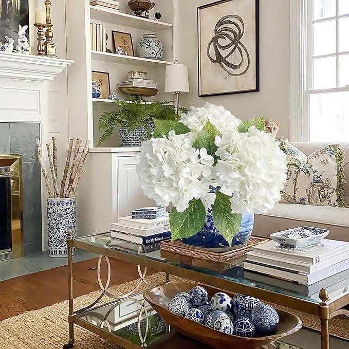 White Hydrangea Artificial Flowers, 3Pcs Large 21” Royal Real Touch Latex Silk Flowers Faux Hydrangea, Lifelike Fake Flower for Spring Wedding Bouquet Table Centerpieces Indoor Home