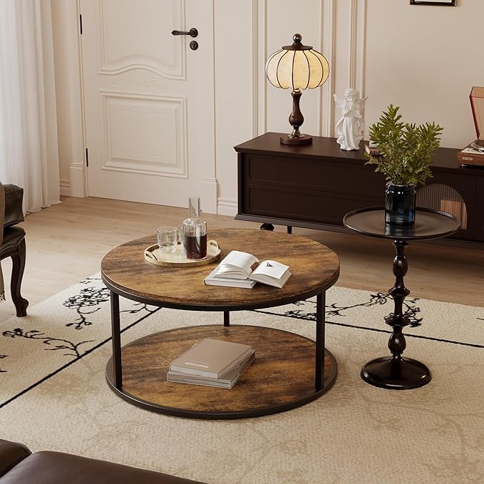 JUMMICO 36" Coffee Tables with Storage, 2-Tier Round Coffee Table, Center Table for Living Room, Furniture for Small Spaces, Brown