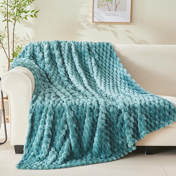 NEWCOSPLAY Super Soft Queen Blanket Light Teal Premium Silky Flannel Fleece 3D Clouds Stylish Jacquard Lightweight Bed Blanket All Season Use 350GSM (Light Teal, Queen(90"x90"))
