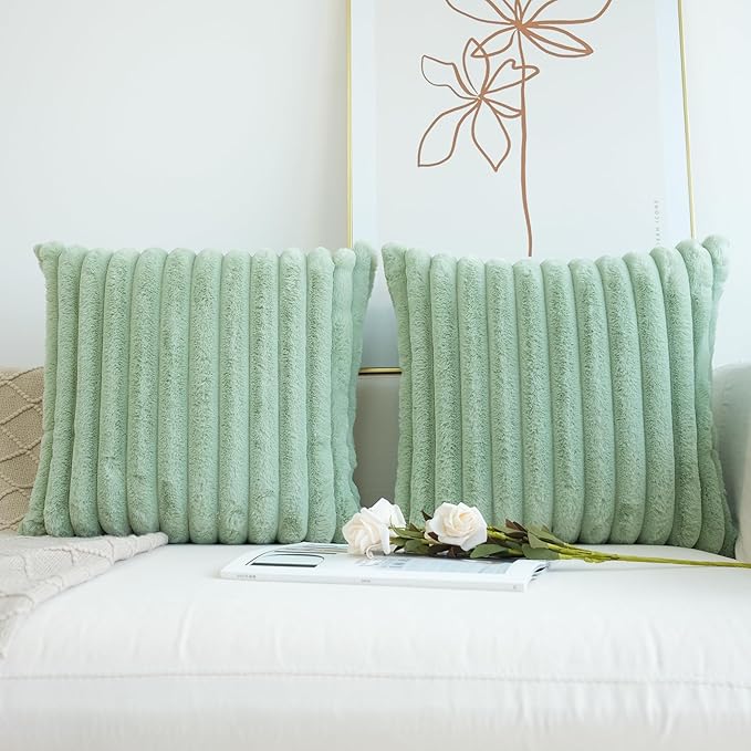 JOJUSIS Pack of 2 Faux Fur Plush Decorative Throw Pillow Covers Couch Cushion Case Soft Pillowcases (Sage Green, 24 x 24-Inch)