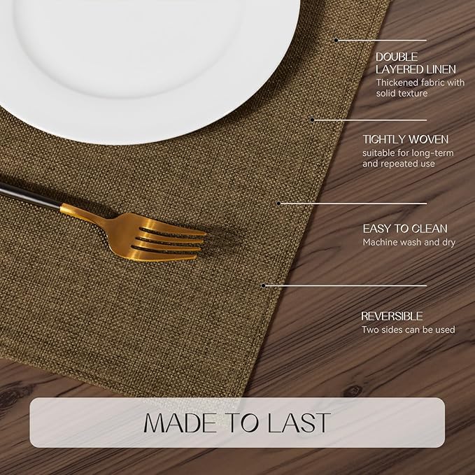 Romanstile Cloth Placemats Set of 6-12 x 18 Inch, Heat Resistant Double Layered Thickened Burlap Place Mats, Washable Faux Linen Farmhouse Table Mats for Kitchen/Dining/Party/Outdoor, Brown