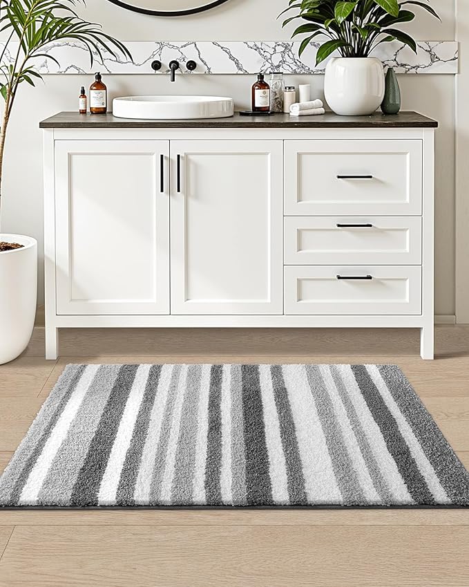 LUMI Striped Bath Rugs, Extra Soft and Absorbent Microfiber Bath Mat, Machine Wash Non-Slip for Bathtub or Bathroom Floor, 24"x43", Grey