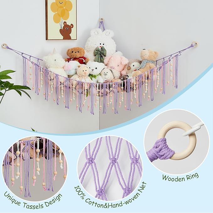 Pretty Jolly Stuffed Animal Storage Hammock with Wooden Beads Corner Hanging Net Boho Tassel for Toy Plush Holder for Kid Room Nursery Decor Wall Display Organizer for Girls Boy Gift(Purple)